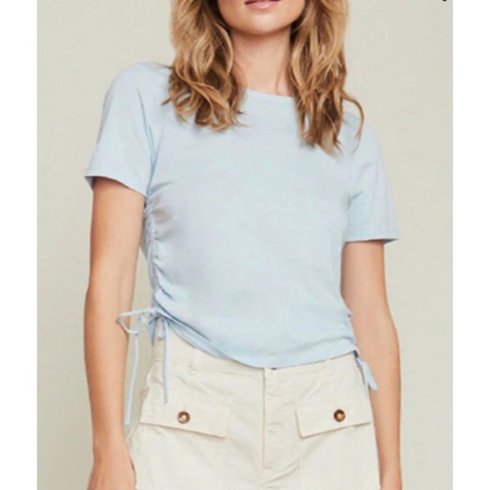 Veronica Beard Jeans Light Blue Ruched Drawstring Pima Cotton Tee Size M